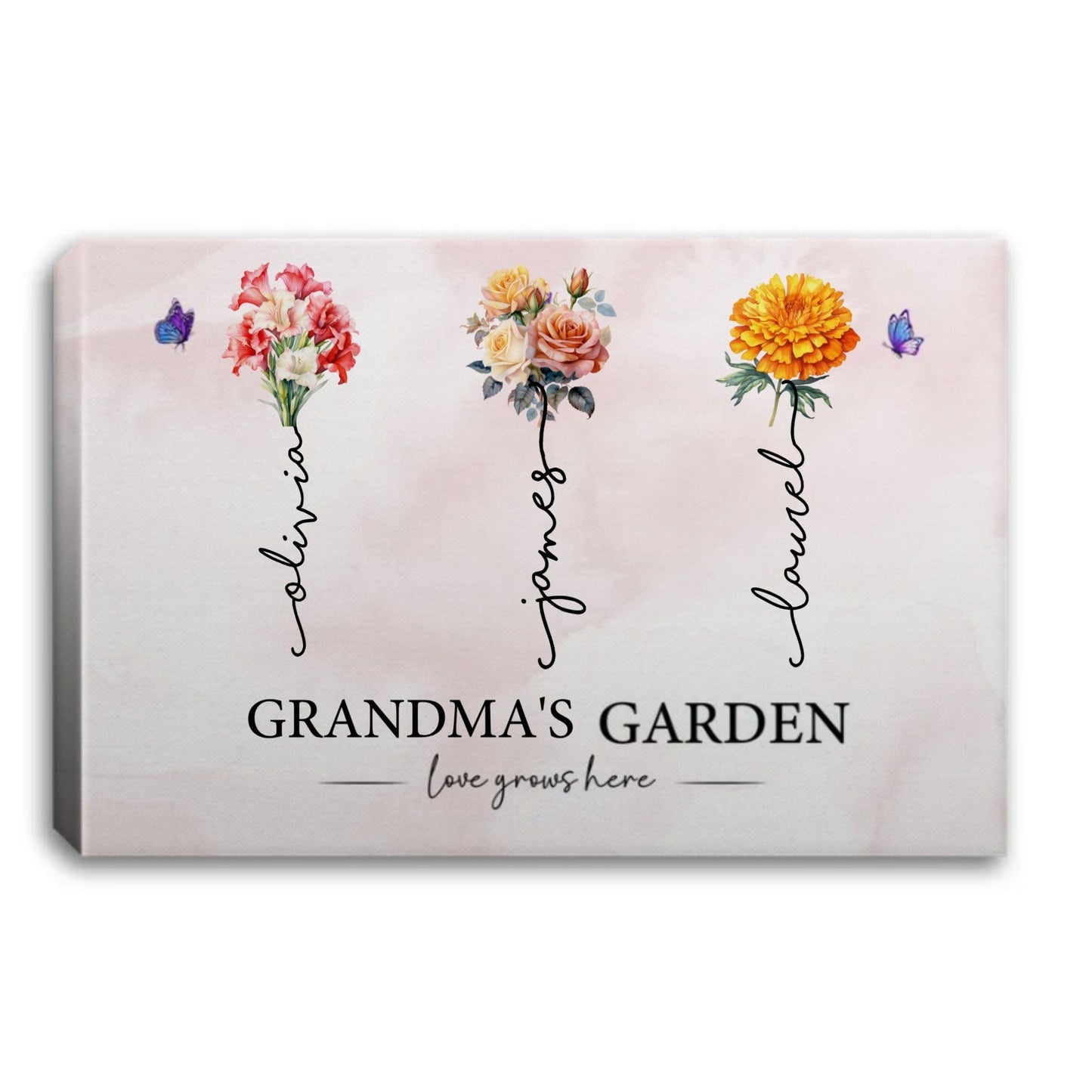 Grandma‘s Garden | Love Grows Here | Beautiful Birth Month Flower Gift For Grandma, Mom, Nana Personalized Canvas