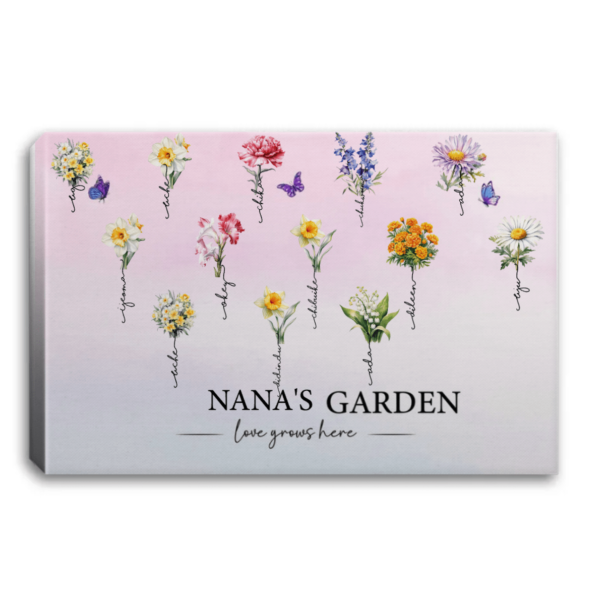 Grandma‘s Garden | Love Grows Here | Beautiful Birth Month Flower Gift For Grandma, Mom, Nana Personalized Canvas