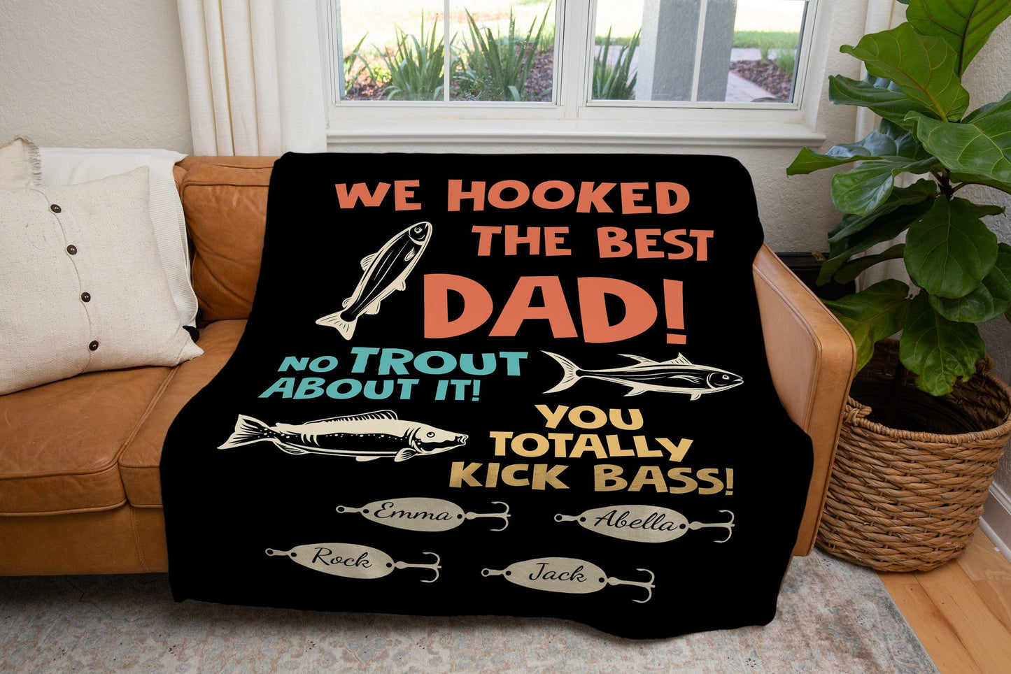 "We Hooked The Best Dad" Personalized Kids Name Blanket | Gift for Dad