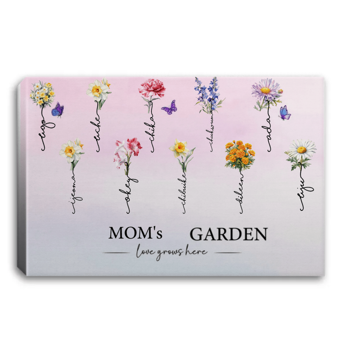 Grandma‘s Garden | Love Grows Here | Beautiful Birth Month Flower Gift For Grandma, Mom, Nana Personalized Canvas